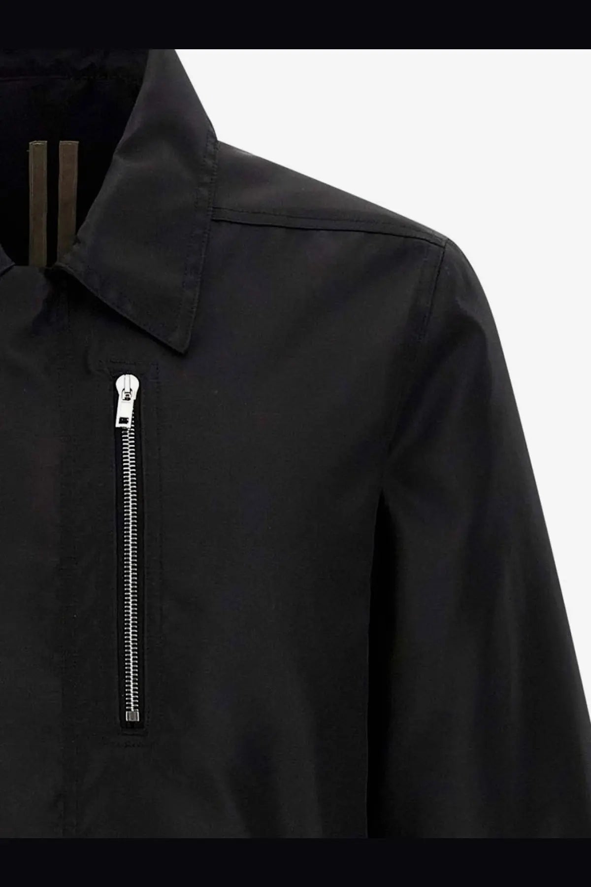 Drkshdw men’s recycled nylon black jacket with silver zipper and vertical brown stripes at the collar