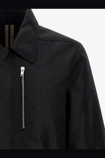 Drkshdw men’s recycled nylon black jacket with silver zipper and vertical brown stripes at the collar