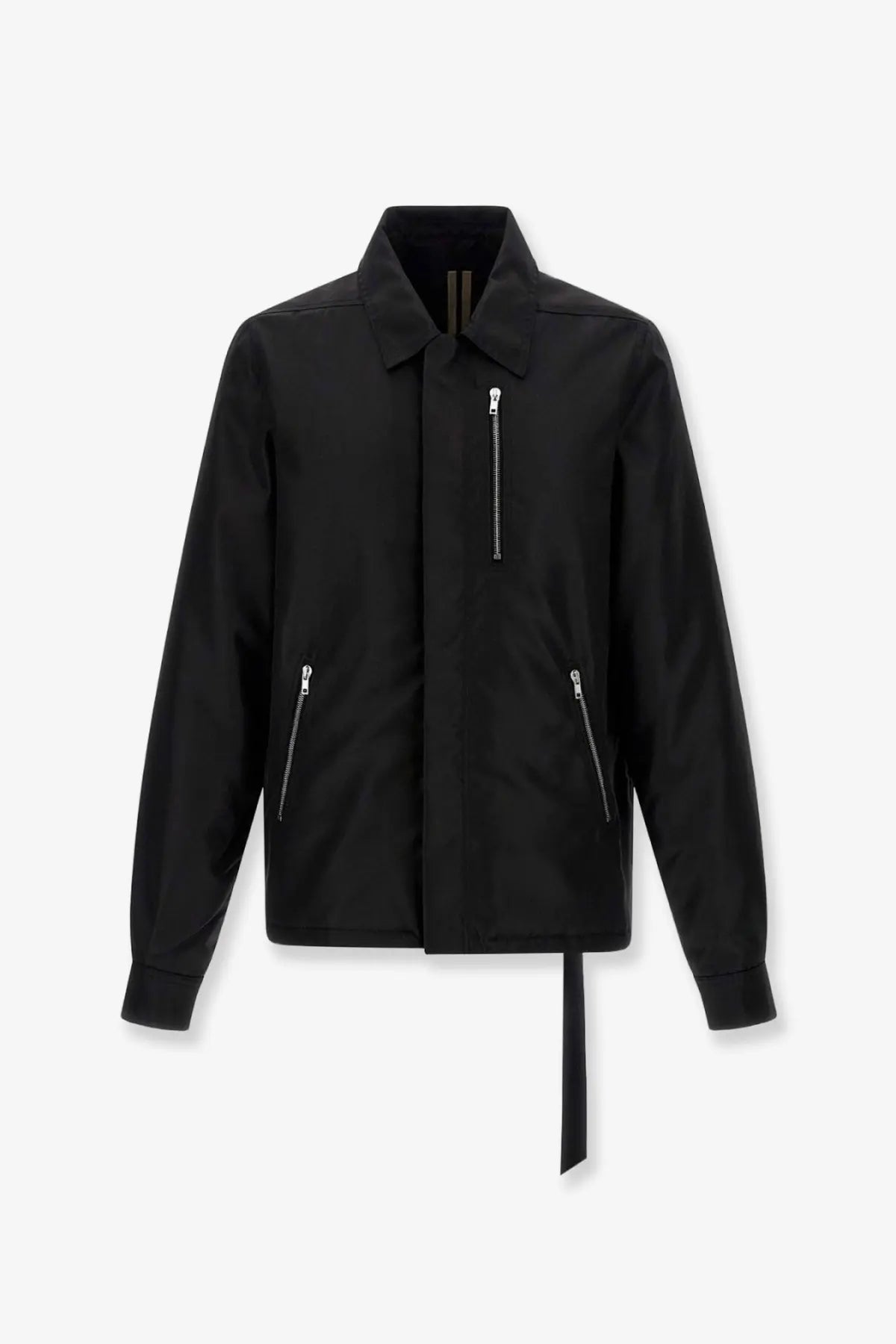 Drkshdw men’s recycled nylon black jacket with silver zippers and asymmetrical tie detail at the hem