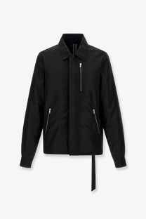 Drkshdw men’s recycled nylon black jacket with silver zippers and asymmetrical tie detail at the hem