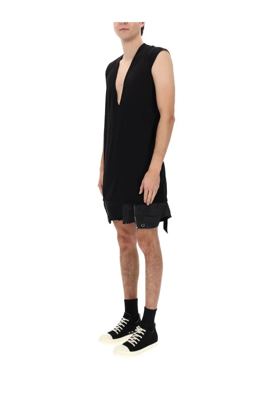 Drkshdw men’s black sleeveless dress with deep v-neckline and asymmetrical hem with zipper details
