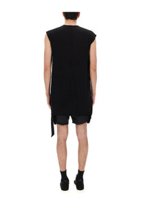 DRKSHDW men’s black sleeveless knit top with asymmetrical hem and side tie detail for stylish layering