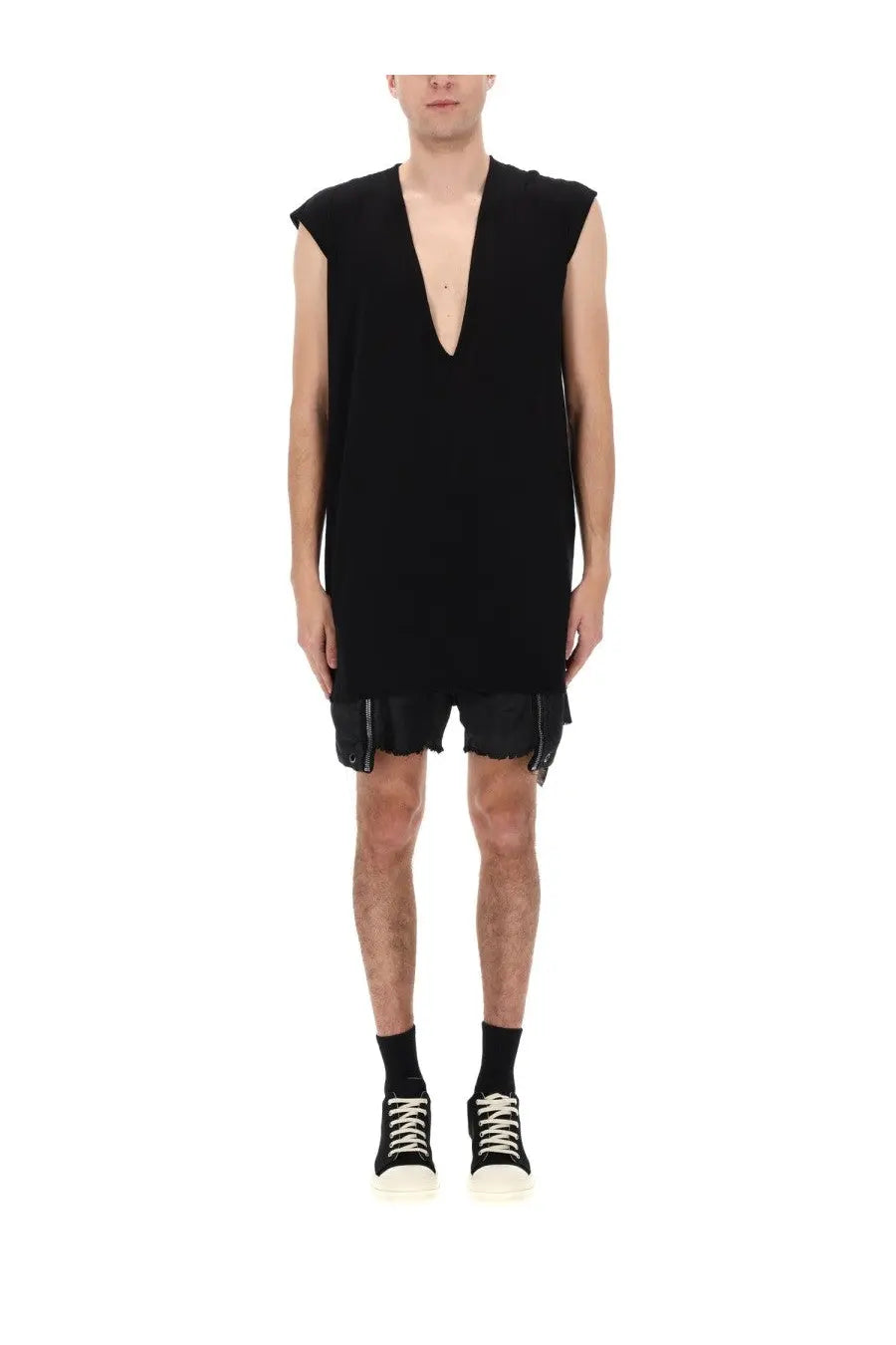 Drkshdw men’s black sleeveless knit dress with deep v neckline and distressed hem made from soft fabric