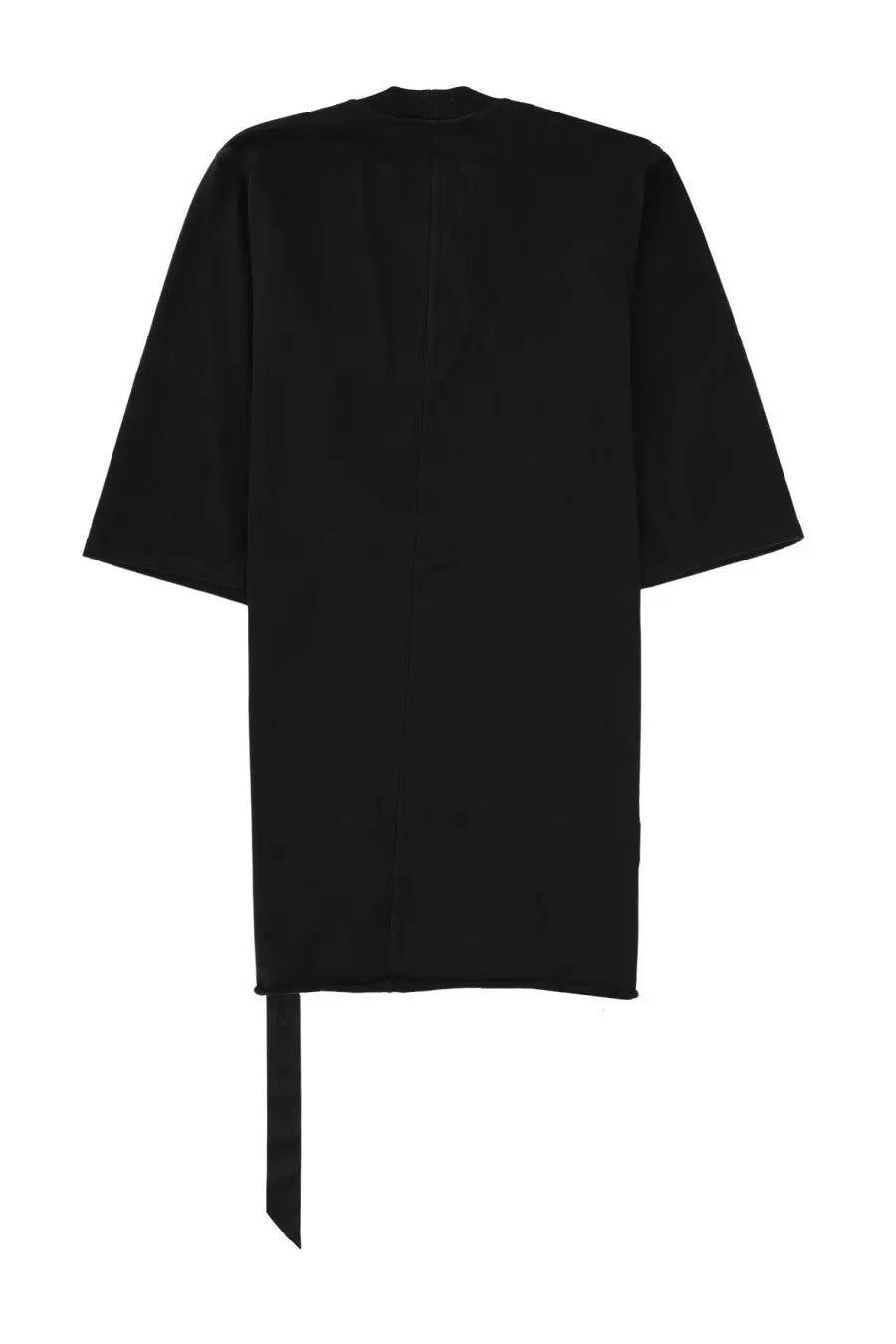 Black oversized drkshdw men’s shirt jumbo with asymmetrical hem and long narrow fabric tail at the bottom
