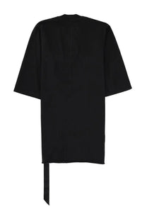 Black oversized drkshdw men’s shirt jumbo with asymmetrical hem and long narrow fabric tail at the bottom