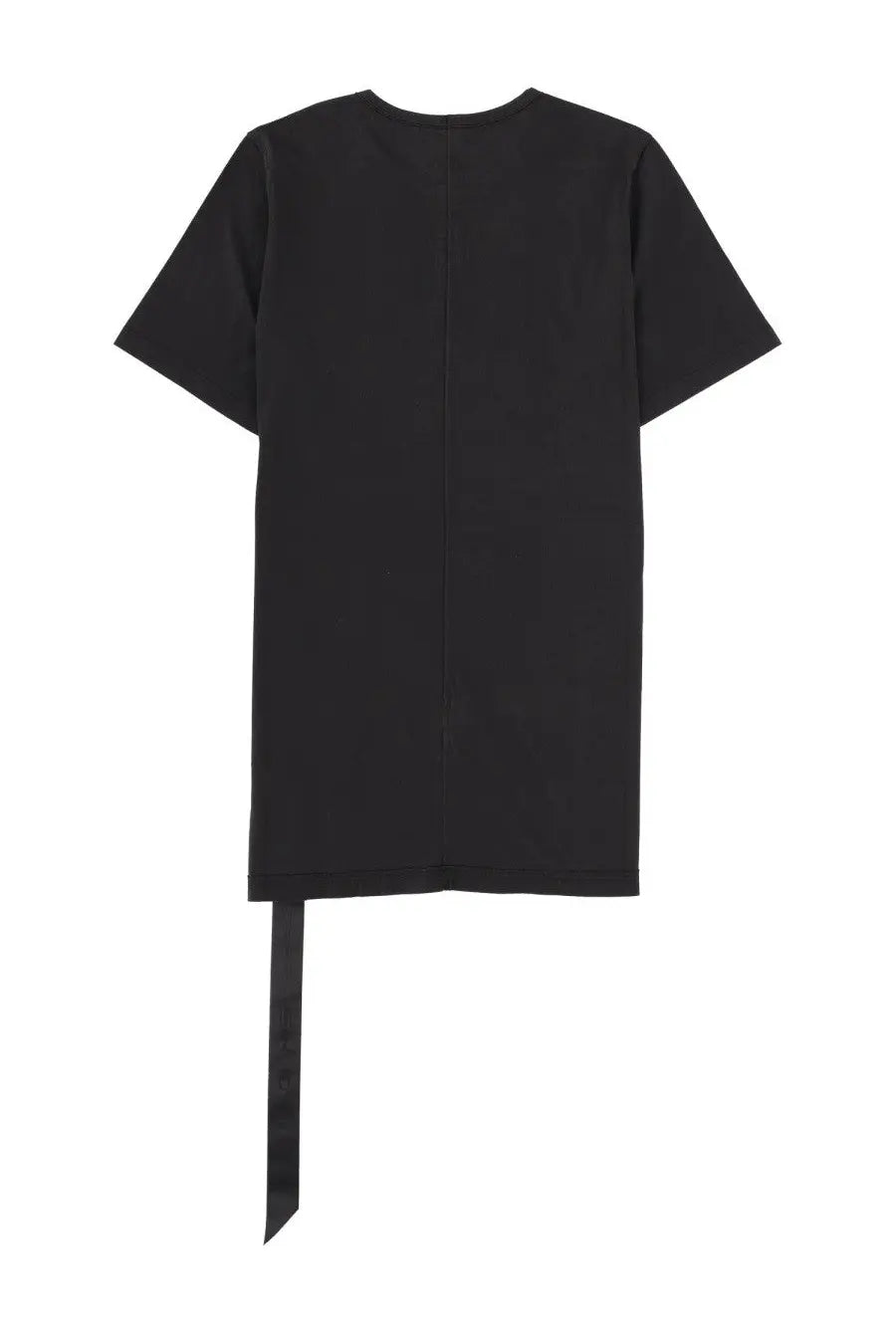 Drkshdw men’s black short-sleeved t-shirt with central seam and long ribbon tail at the hem