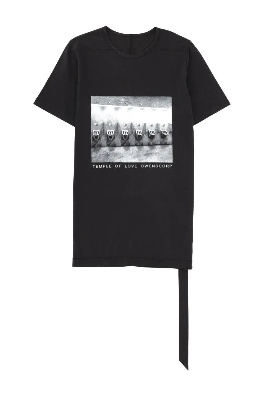 Drkshdw men’s black short-sleeved t-shirt with black-and-white urinal print and long side slit