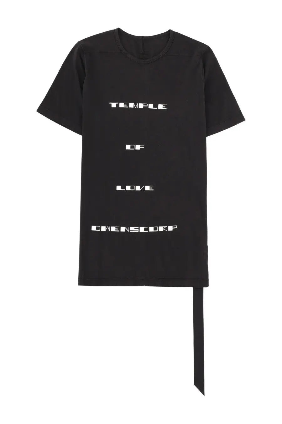 Drkshdw men’s black short sleeve shirt with white temple of love owensckop text and black fabric tie at the bottom