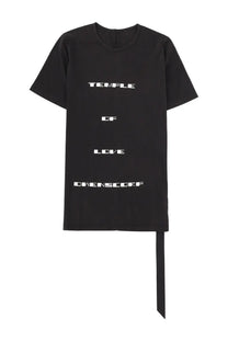 Drkshdw men’s black short sleeve shirt with white temple of love owensckop text and black fabric tie at the bottom