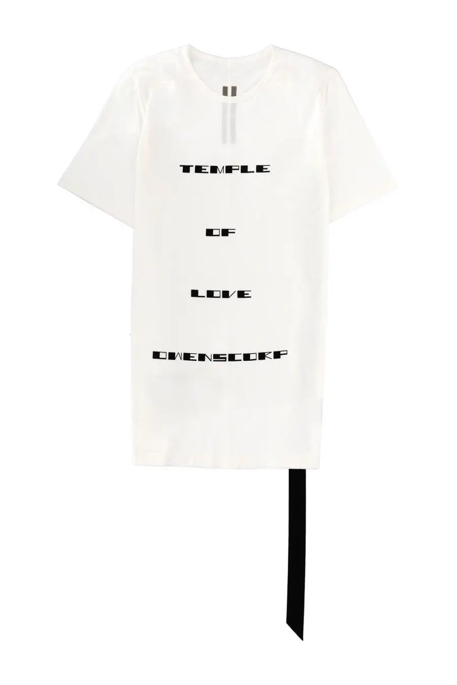 Drkshdw men’s white short-sleeve shirt with black text temple of love owens corp zipper neckline and black ribbon hem