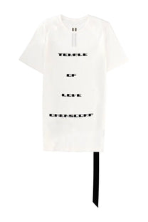 Drkshdw men’s white short-sleeve shirt with black text temple of love owens corp zipper neckline and black ribbon hem