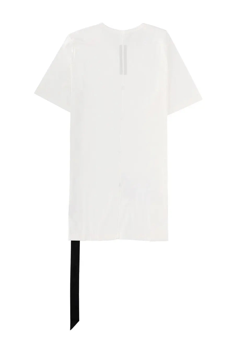 Back of drkshdw men’s white short-sleeved shirt with vertical slit and black ribbon detail at bottom hem