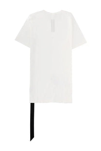 Back of drkshdw men’s white short-sleeved shirt with vertical slit and black ribbon detail at bottom hem