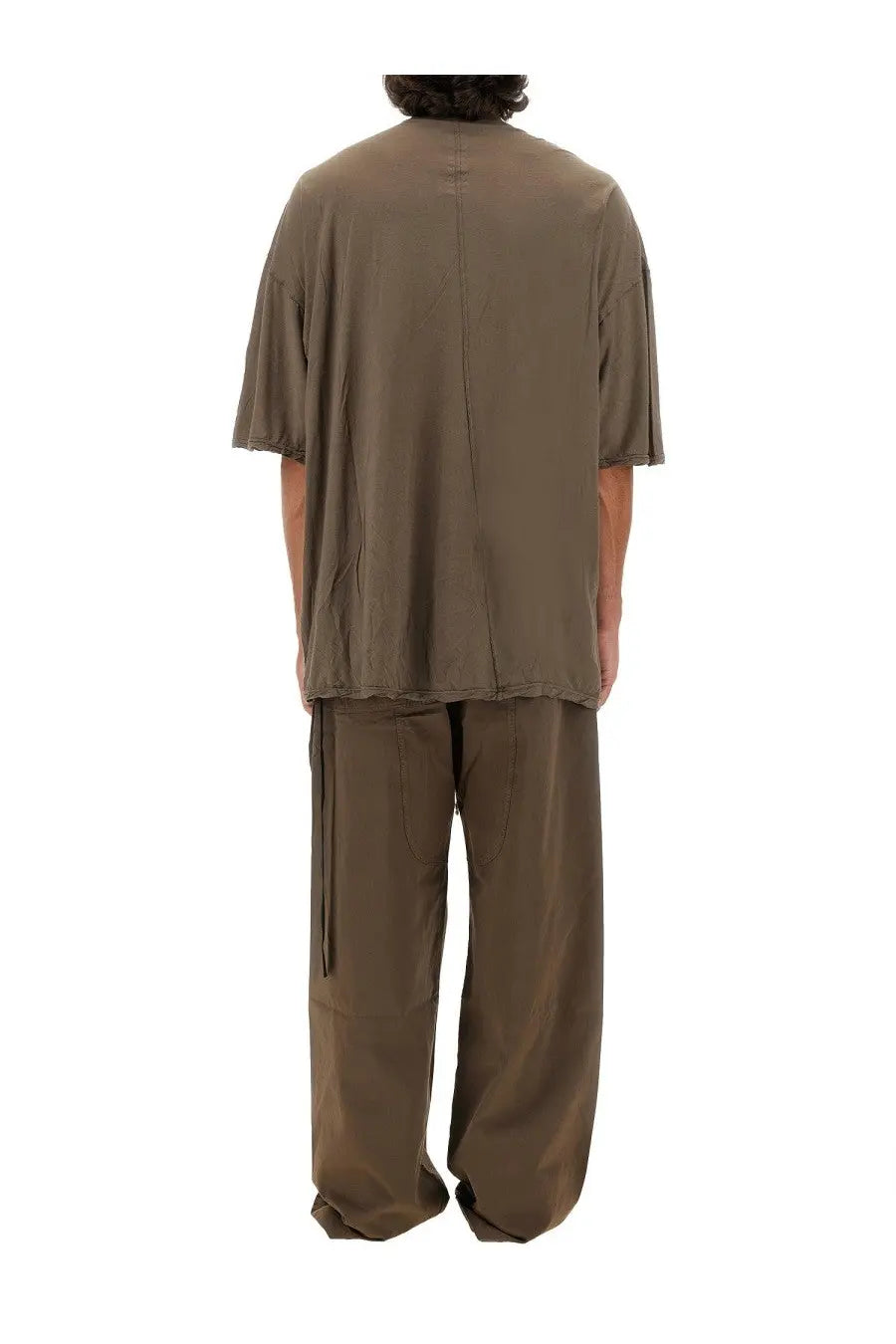 Drkshdw men’s oversized olive green short-sleeved shirt with relaxed fit and raw hem in cotton blend