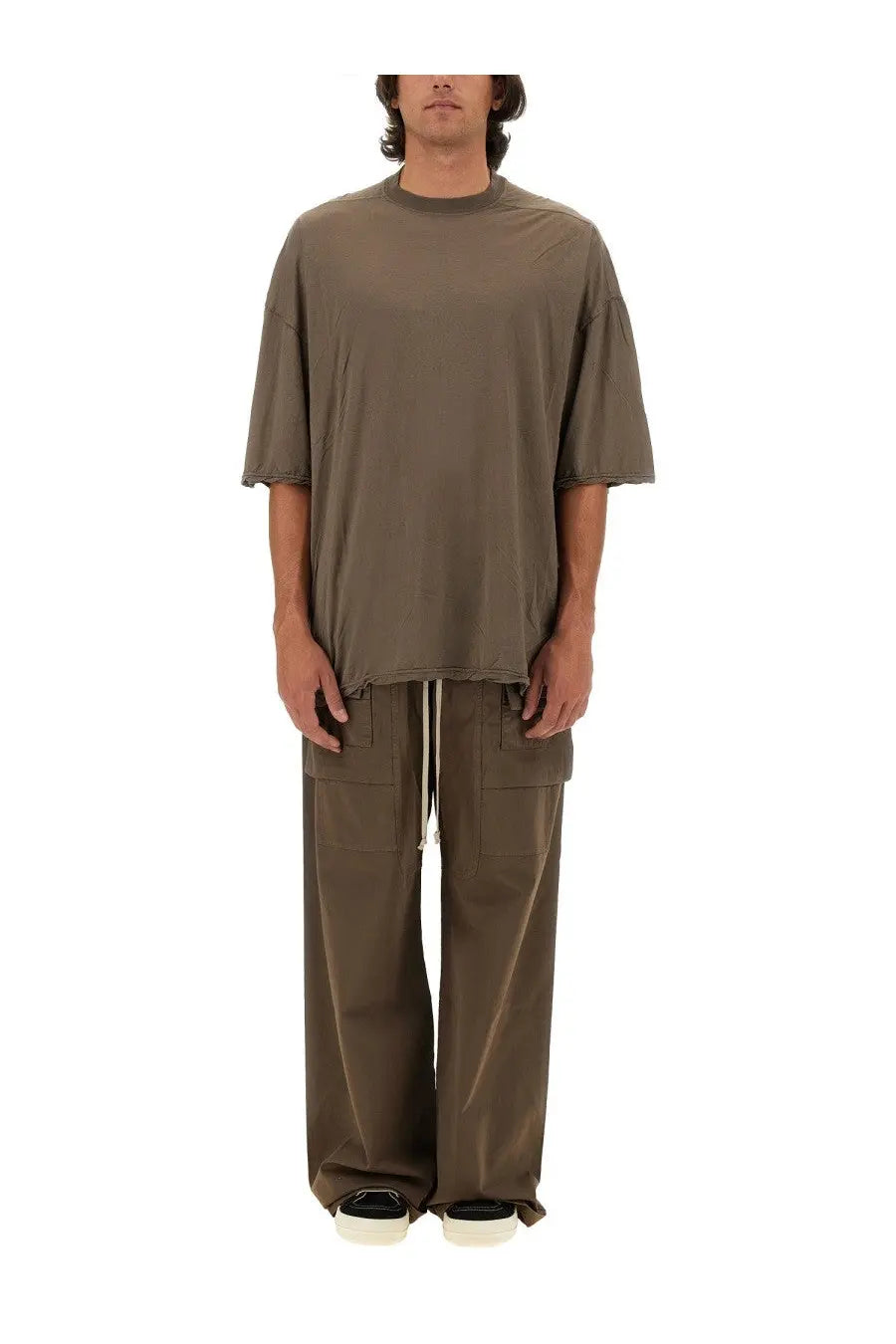 Drkshdw men’s olive green oversized t-shirt with dropped shoulder and asymmetrical hem for casual wear