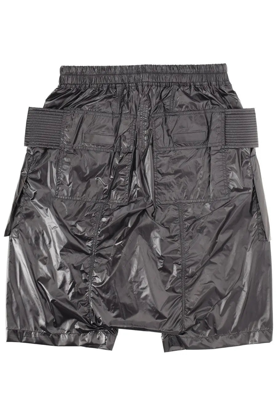 Black glossy nylon cargo shorts for men by drkshdw with multiple pockets and ribbed elastic waistband