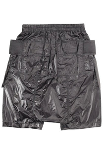 Black glossy nylon cargo shorts for men by drkshdw with multiple pockets and ribbed elastic waistband