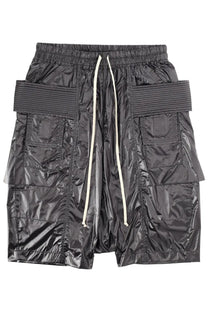 Drkshdw men’s black glossy nylon cargo shorts with ribbed fabric accents and cream-colored drawstrings
