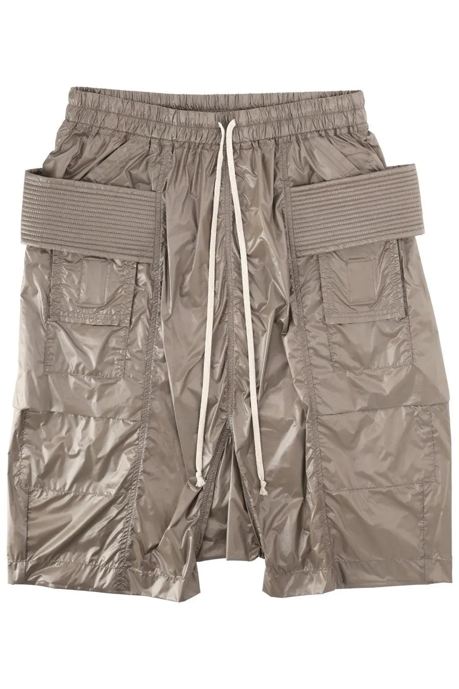Drkshdw men’s cargo shorts in brown shiny beige nylon with drawstring waistband and large pockets