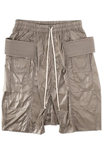 Drkshdw men’s cargo shorts in brown shiny beige nylon with drawstring waistband and large pockets