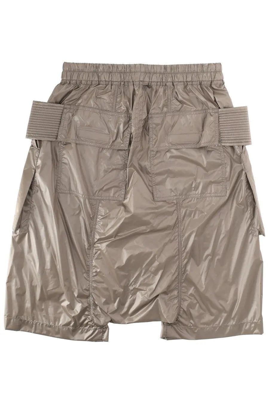 Tan metallic nylon DRKSHDW men’s cargo shorts with elastic waistband and ribbed belt straps in creatch brown