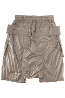 Tan metallic nylon DRKSHDW men’s cargo shorts with elastic waistband and ribbed belt straps in creatch brown