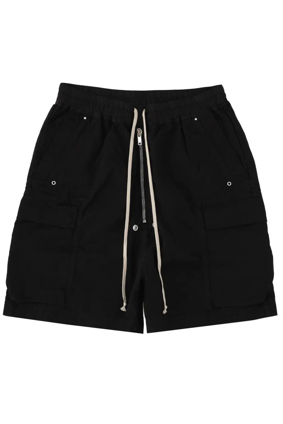 Drkshdw men’s black cargo shorts with beige drawstrings and silver zipper accents for casual wear