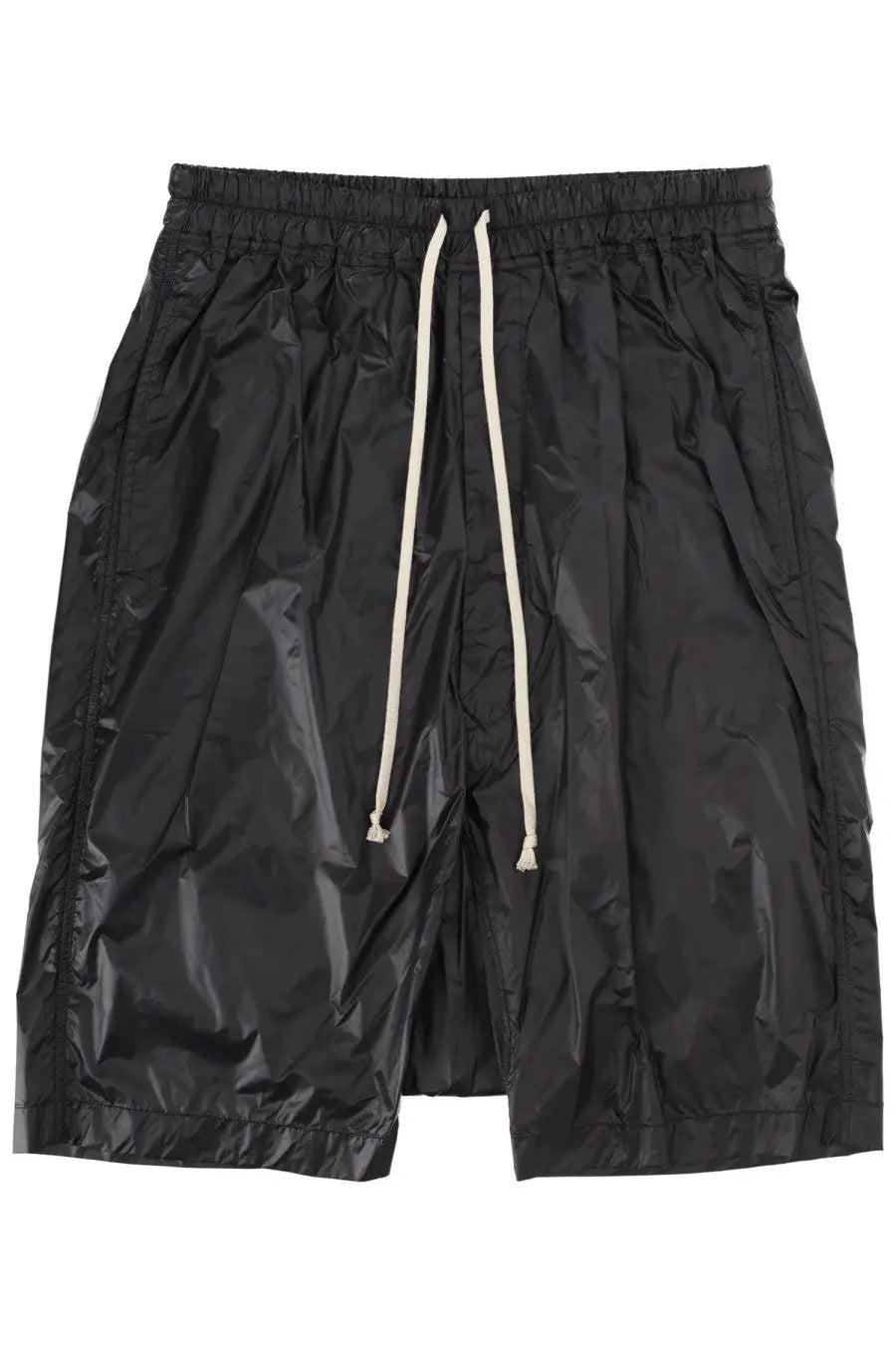 Drkshdw men’s black glossy nylon shorts with cream-colored drawstring pods for casual wear