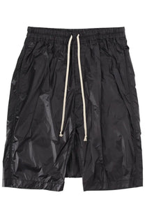 Drkshdw men’s black glossy nylon shorts with cream-colored drawstring pods for casual wear