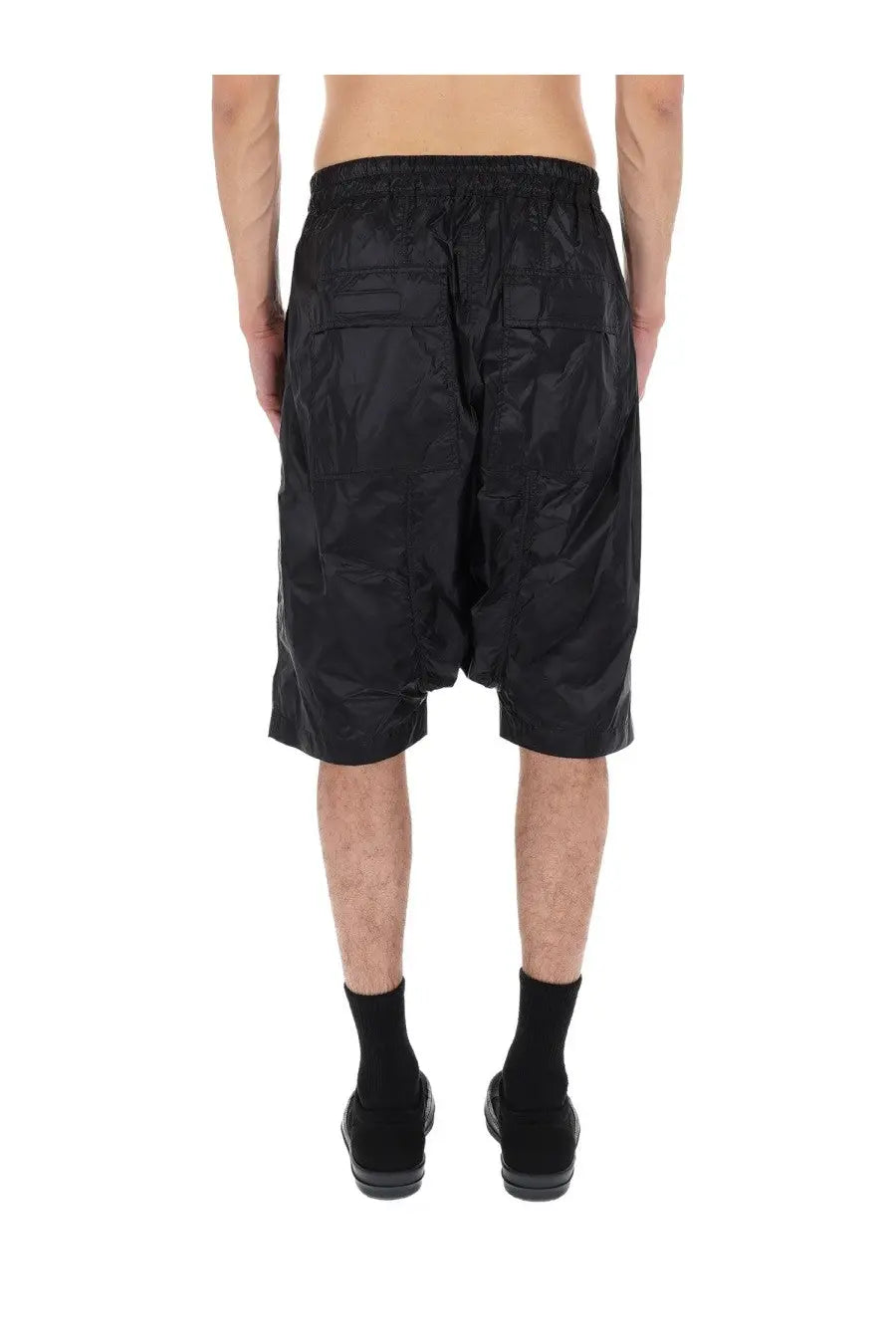 Drkshdw men’s shorts drawstring pods in black glossy nylon with relaxed fit and elastic waistband