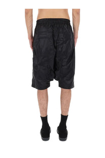 Drkshdw men’s shorts drawstring pods in black glossy nylon with relaxed fit and elastic waistband