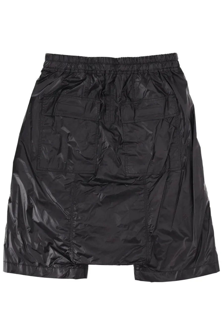 Drkshdw men’s shorts pods black made of glossy black nylon with elastic waistband and multiple patch pockets