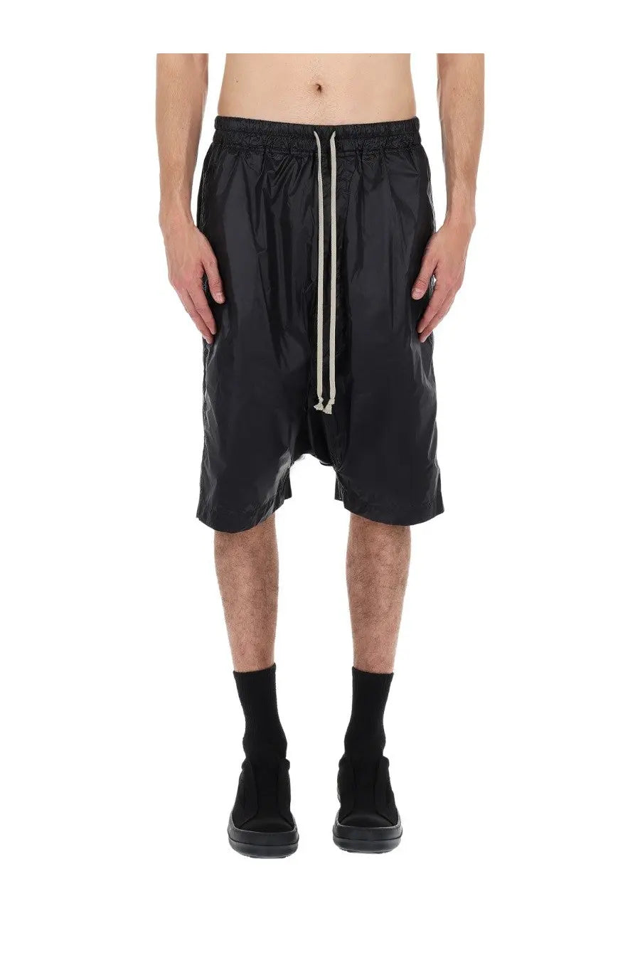 Drkshdw men’s black glossy nylon shorts with drawstring waist and asymmetrical hem for casual wear