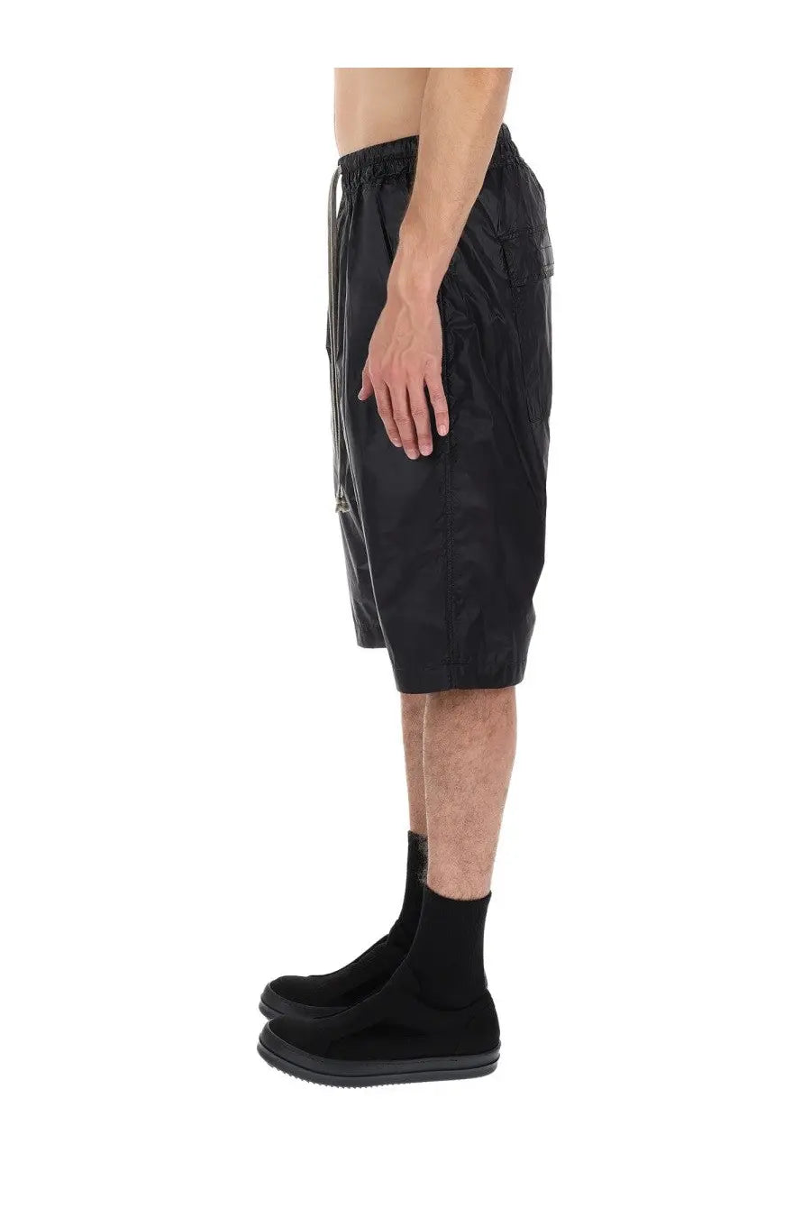 Drkshdw men’s black sleek mid-thigh shorts with drawstring waist and subtle reflective panels for active wear