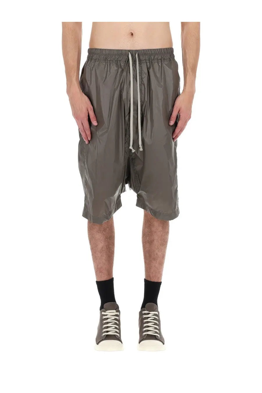 Drkshdw men’s gray glossy nylon shorts with drawstring waist and asymmetrical hem in pods brown color