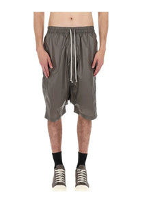 Drkshdw men’s gray glossy nylon shorts with drawstring waist and asymmetrical hem in pods brown color