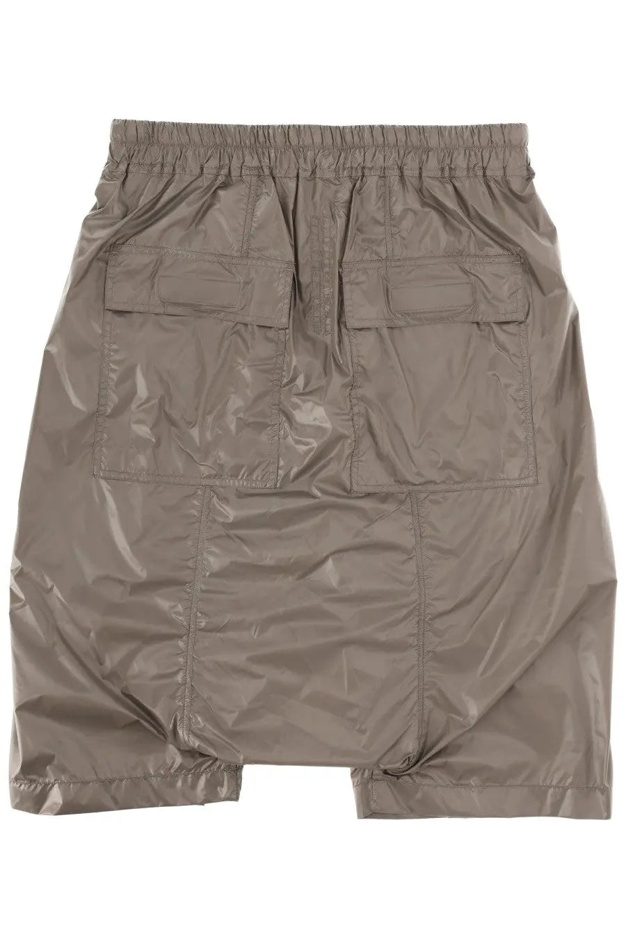 Tan glossy nylon drkshdw men’s shorts with elastic waistband and multiple flap pockets in brown color