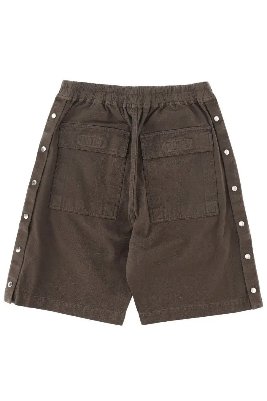 Dark olive green drkshdw men’s wide pusher shorts with silver snap buttons and large back cargo pockets shown from back