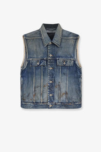 A distressed blue denim vest with a classic collar and button closures from drkshdw men’s vintage wash collection