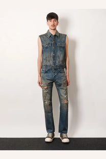 Drkshdw men’s distressed blue denim sleeveless vest with button closures and flap pockets vintage wash