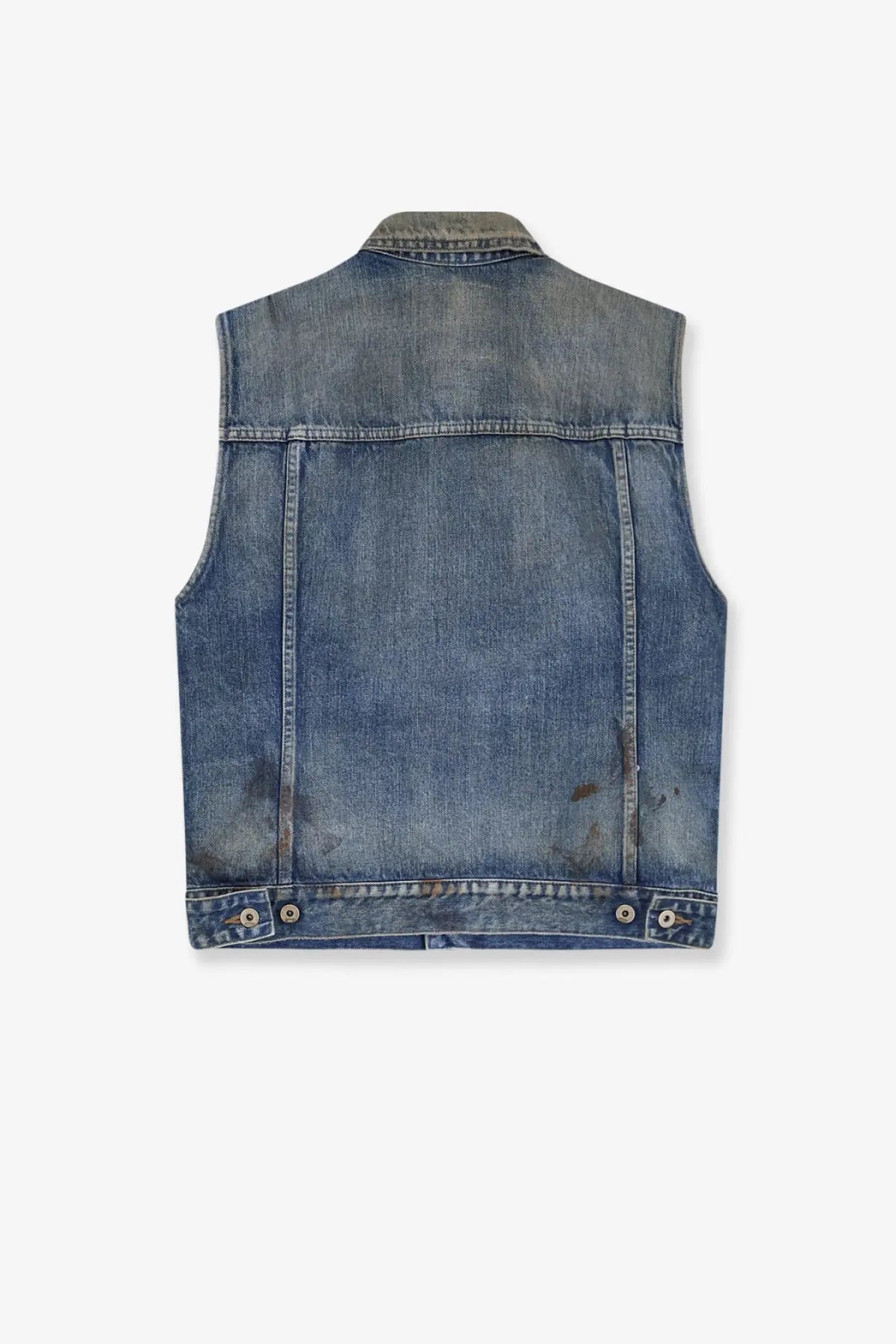 Drkshdw men’s sleeveless denim jacket vintage wash in faded blue with classic worn look and visible seam stitching
