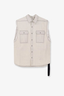 Beige sleeveless denim vest by DRKSHDW for men with frayed armholes and two front pockets in white denim material