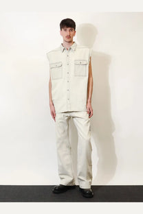 Drkshdw men’s sleeveless denim jacket white in light beige with two front flap pockets and button down front