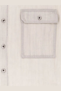 Drkshdw men’s sleeveless white denim jacket pocket with silver snap button and matching light gray stitching
