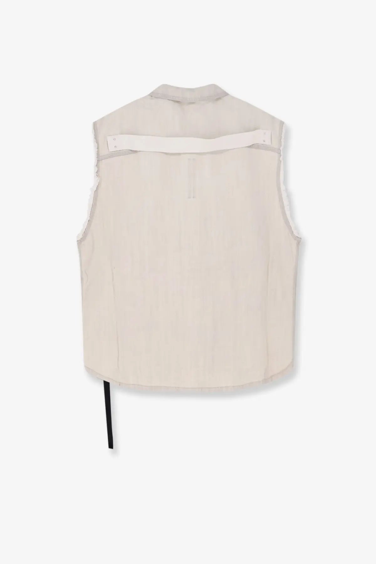 Back view of drkshdw men’s sleeveless off-white denim jacket with structured collar and black tie detail at hem