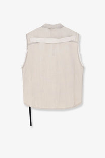 Back view of drkshdw men’s sleeveless off-white denim jacket with structured collar and black tie detail at hem