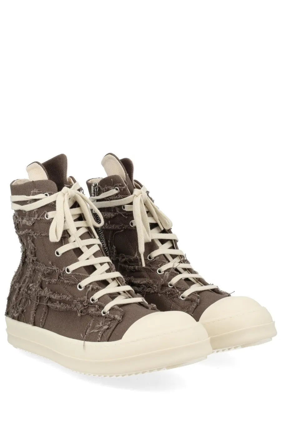 Drkshdw men’s sneaker alta in denim brown featuring dark brown high-top distressed fabric with cream laces and rubber toe caps