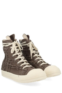 Drkshdw men’s sneaker alta in denim brown featuring dark brown high-top distressed fabric with cream laces and rubber toe caps