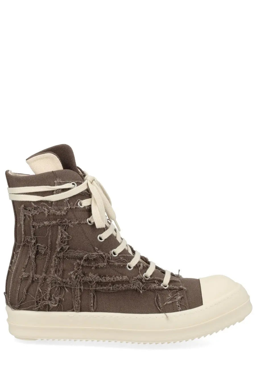 Drkshdw men’s sneaker alta in denim brown with distressed canvas, white laces, and chunky off-white rubber sole