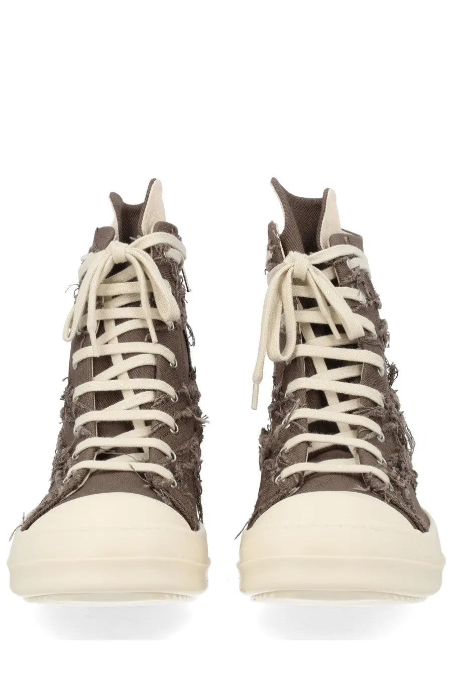 Drkshdw men’s sneaker alta in denim brown with distressed frayed fabric cream laces and rubber soles
